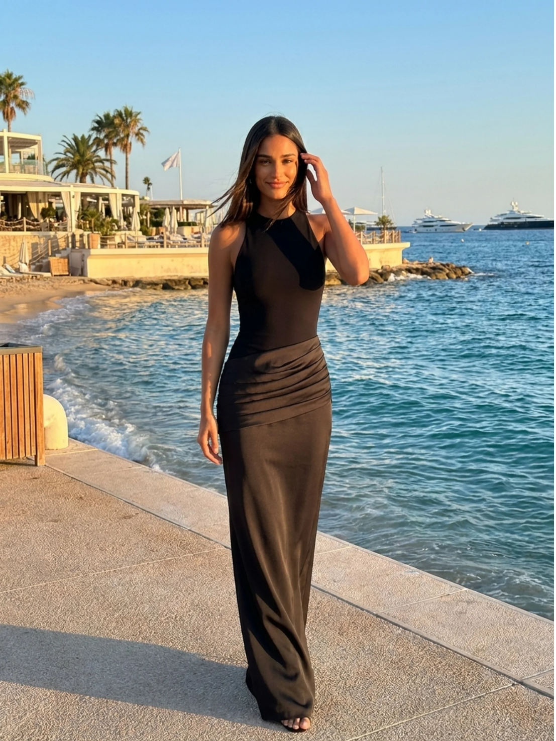 Crew-Neck Maxi Dress With Satin Skirt