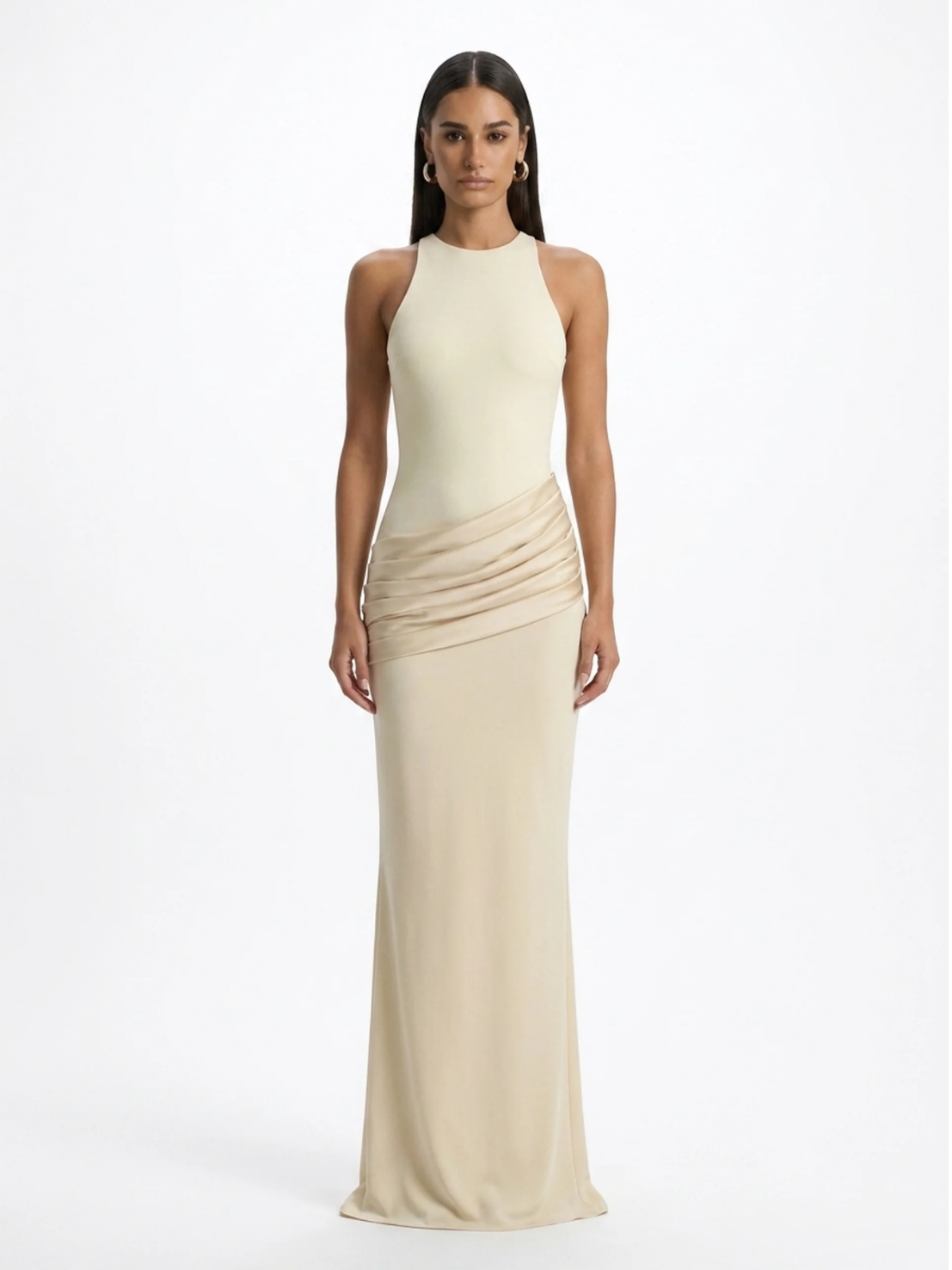 Crew-Neck Maxi Dress With Satin Skirt