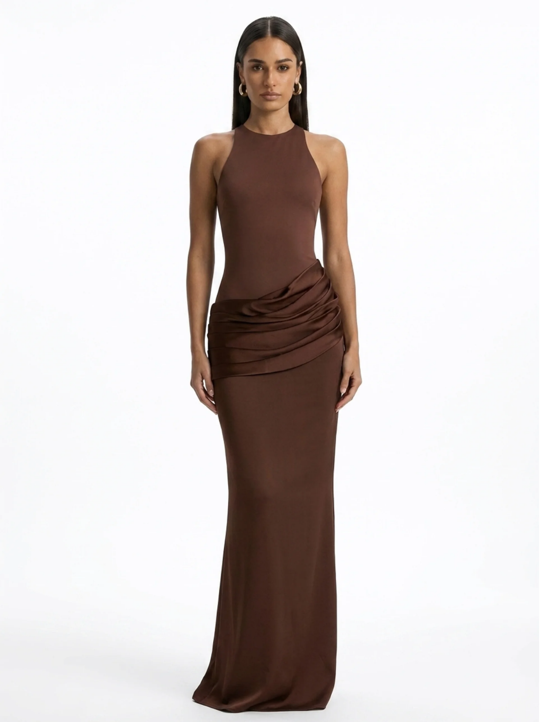 Crew-Neck Maxi Dress With Satin Skirt