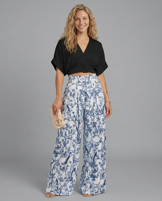 Cropped Wide-Leg Printed Two-Piece Set