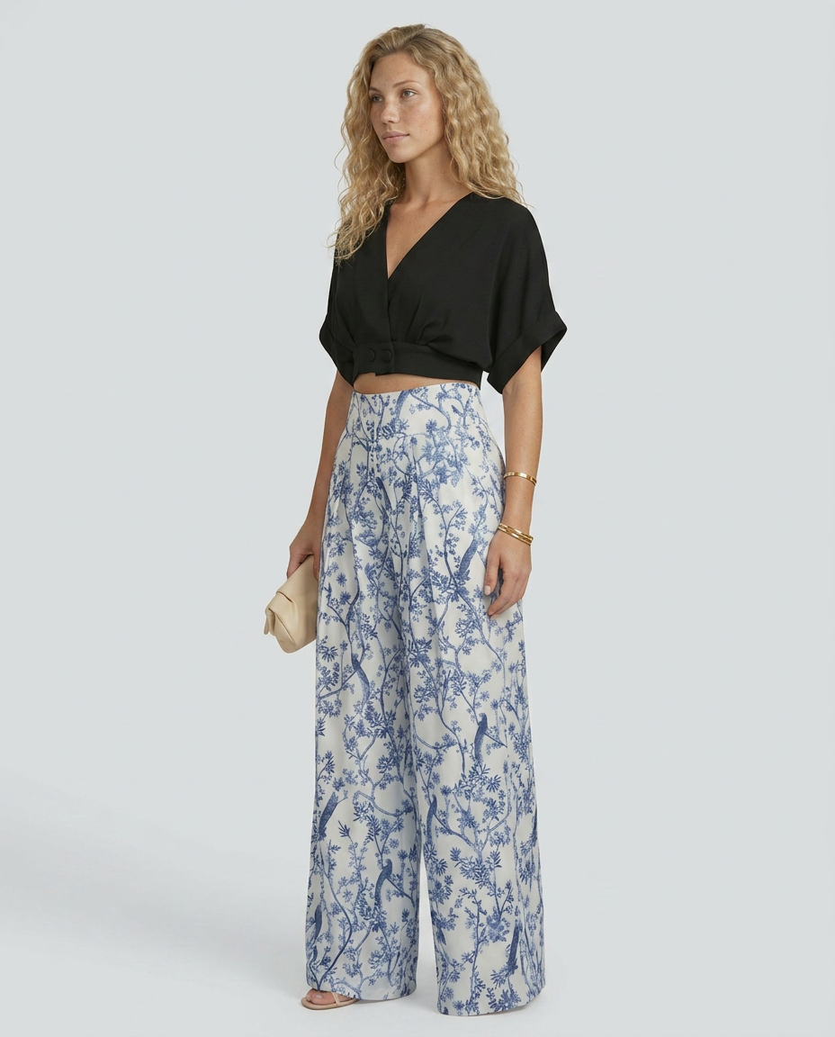 Cropped Wide-Leg Printed Two-Piece Set