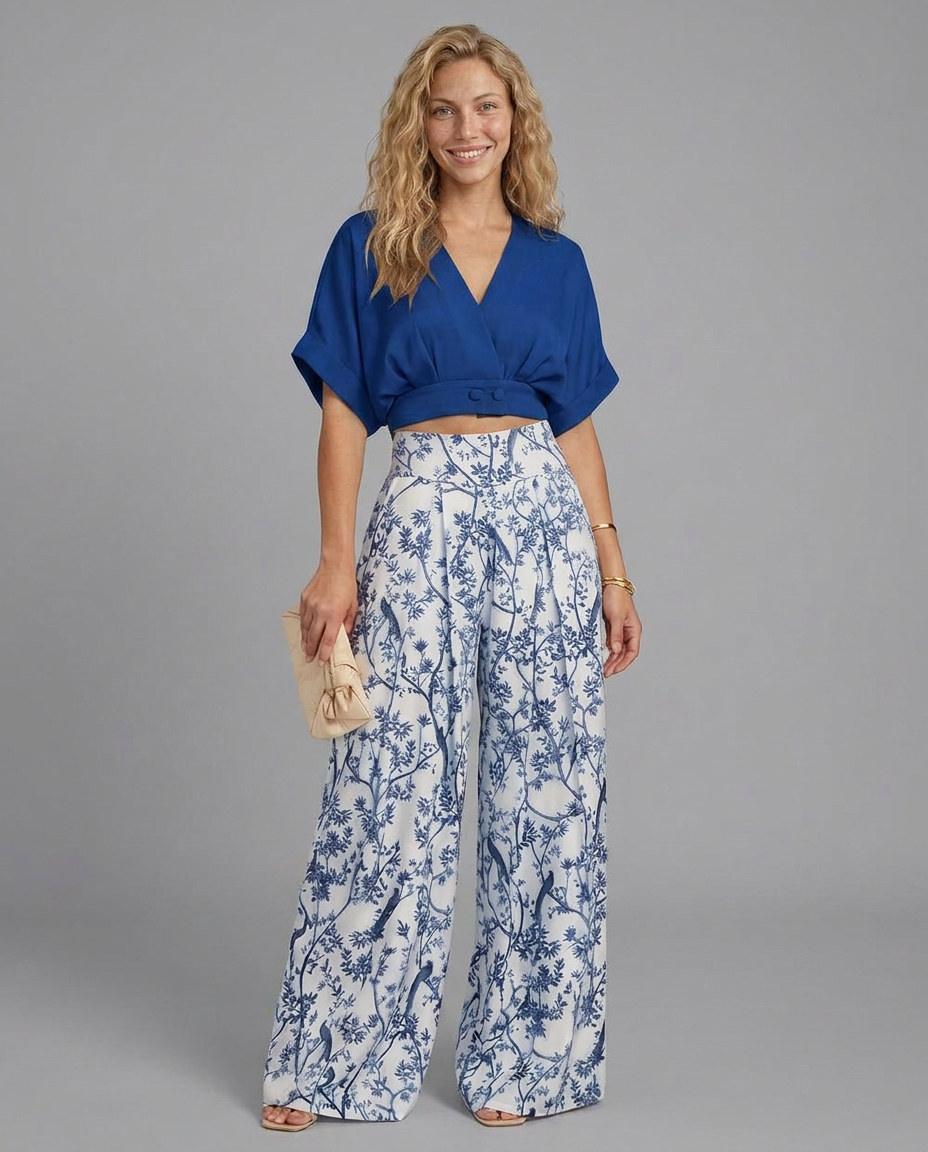 Cropped Wide-Leg Printed Two-Piece Set