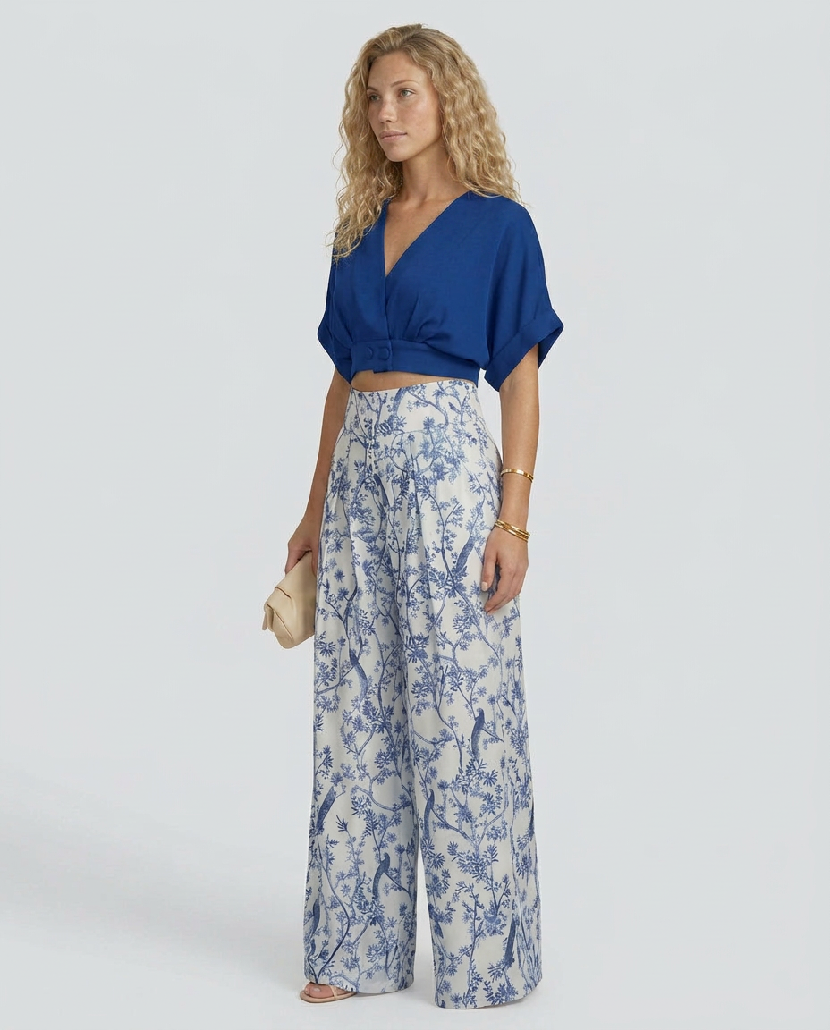 Cropped Wide-Leg Printed Two-Piece Set