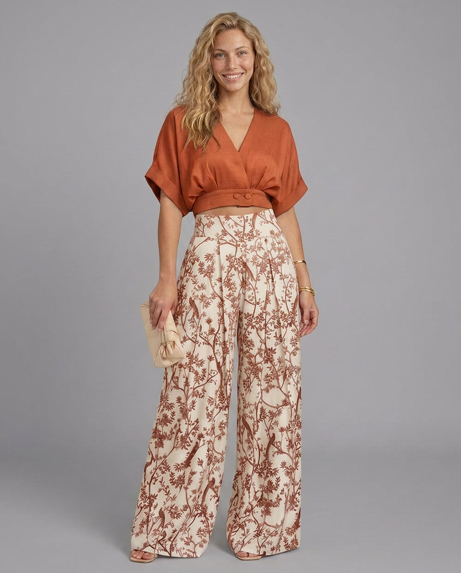 Cropped Wide-Leg Printed Two-Piece Set