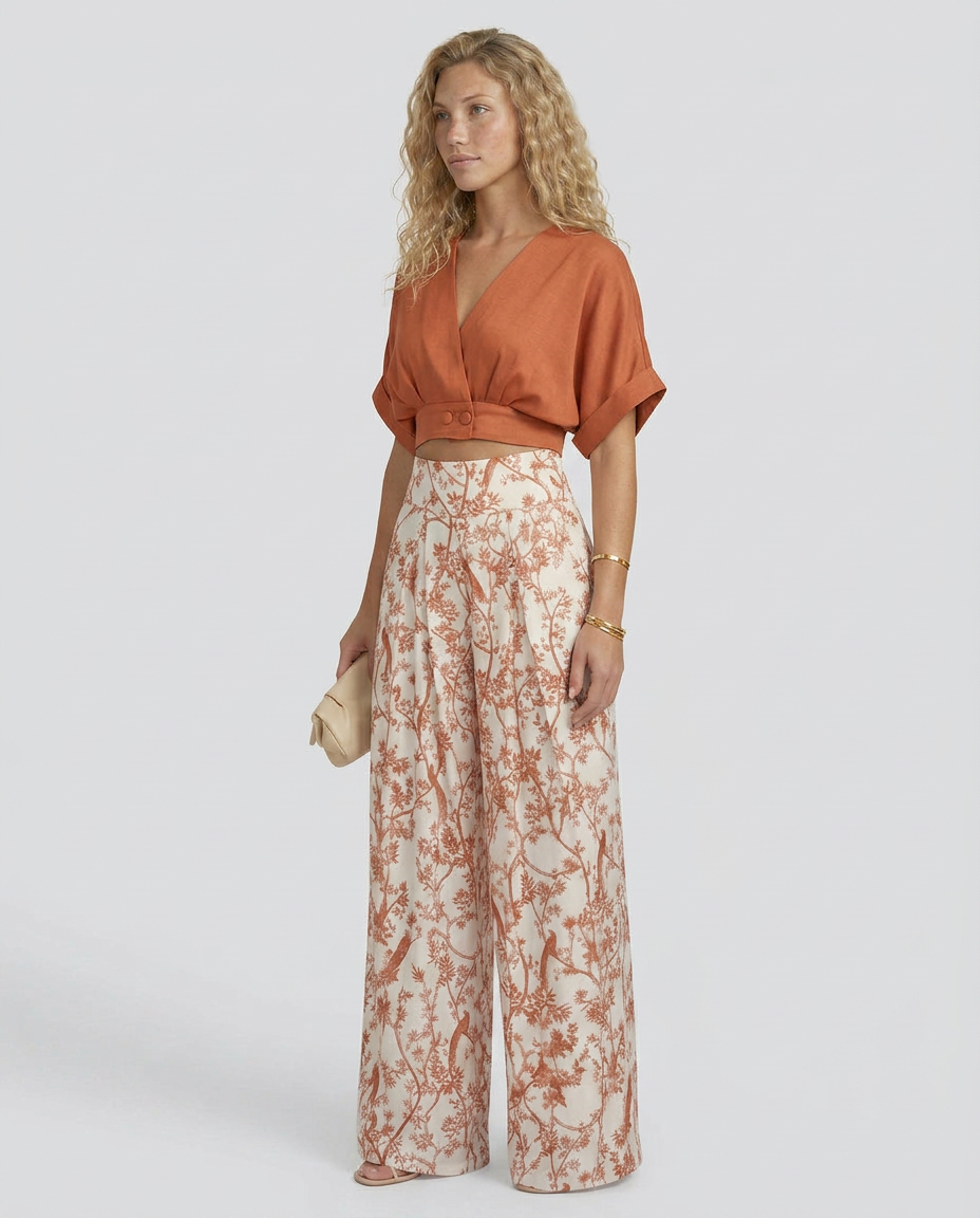 Cropped Wide-Leg Printed Two-Piece Set