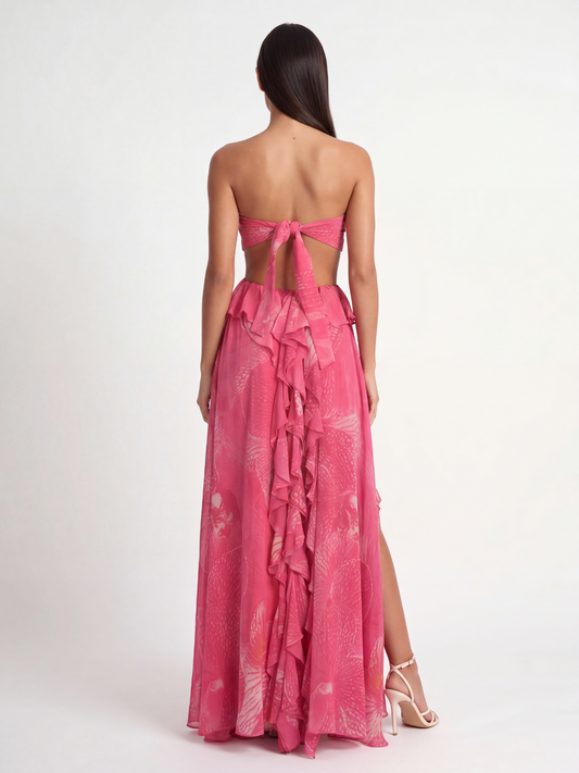 Cut-Out Ruffle Maxi Dress With Rosette Detail
