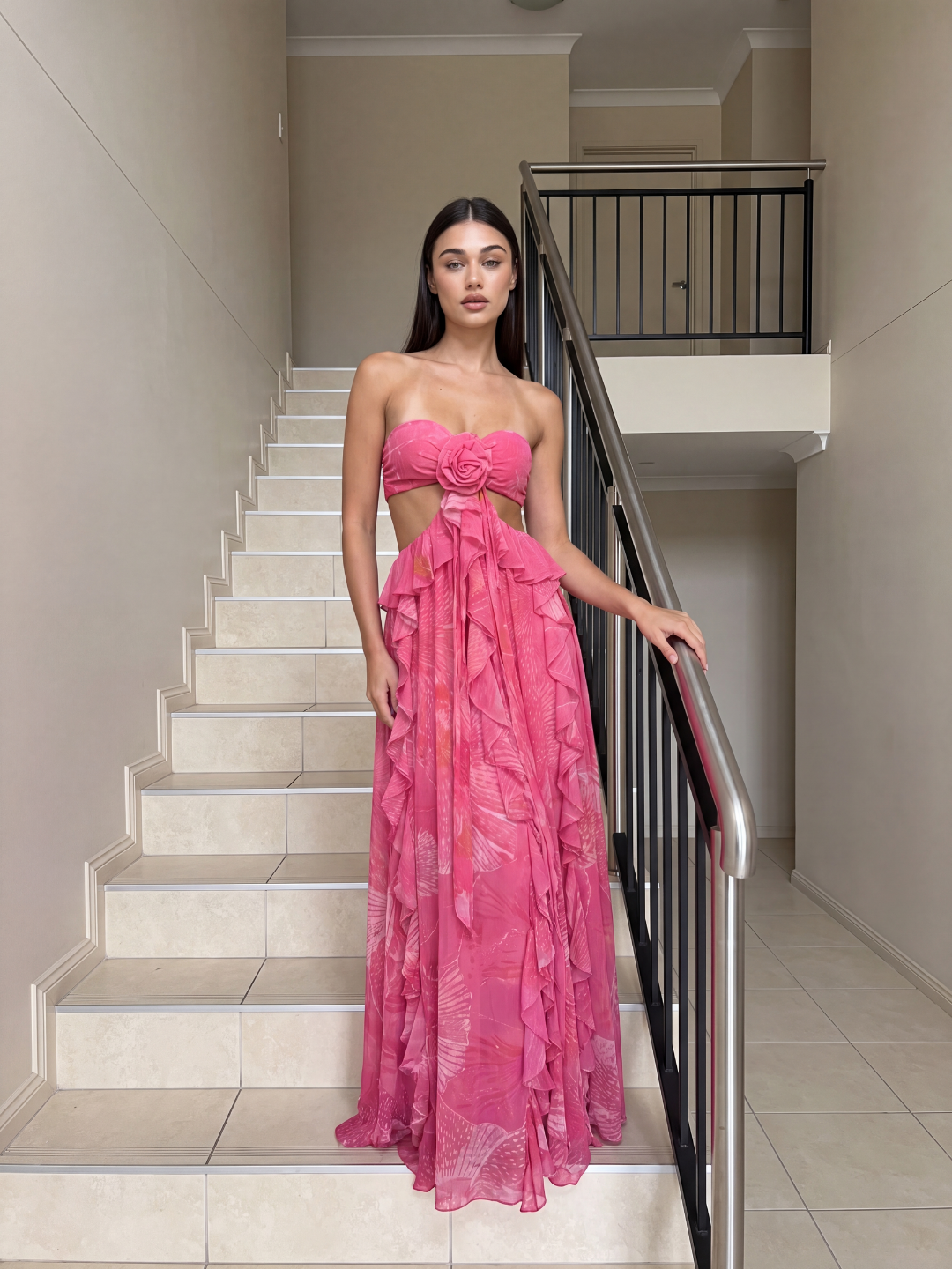 Cut-Out Ruffle Maxi Dress With Rosette Detail