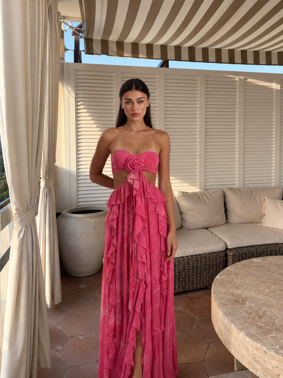 Cut-Out Ruffle Maxi Dress With Rosette Detail