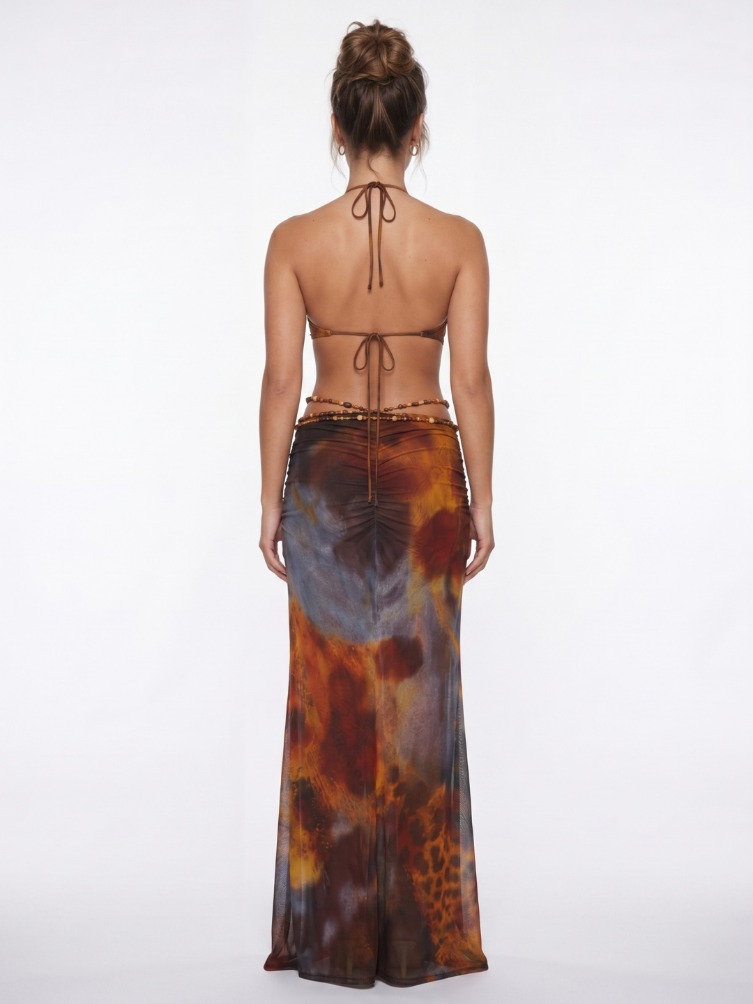 Deep Plunge Halterneck Maxi Dress With Ruched Skirt