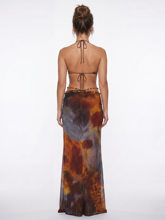 Deep Plunge Halterneck Maxi Dress With Ruched Skirt
