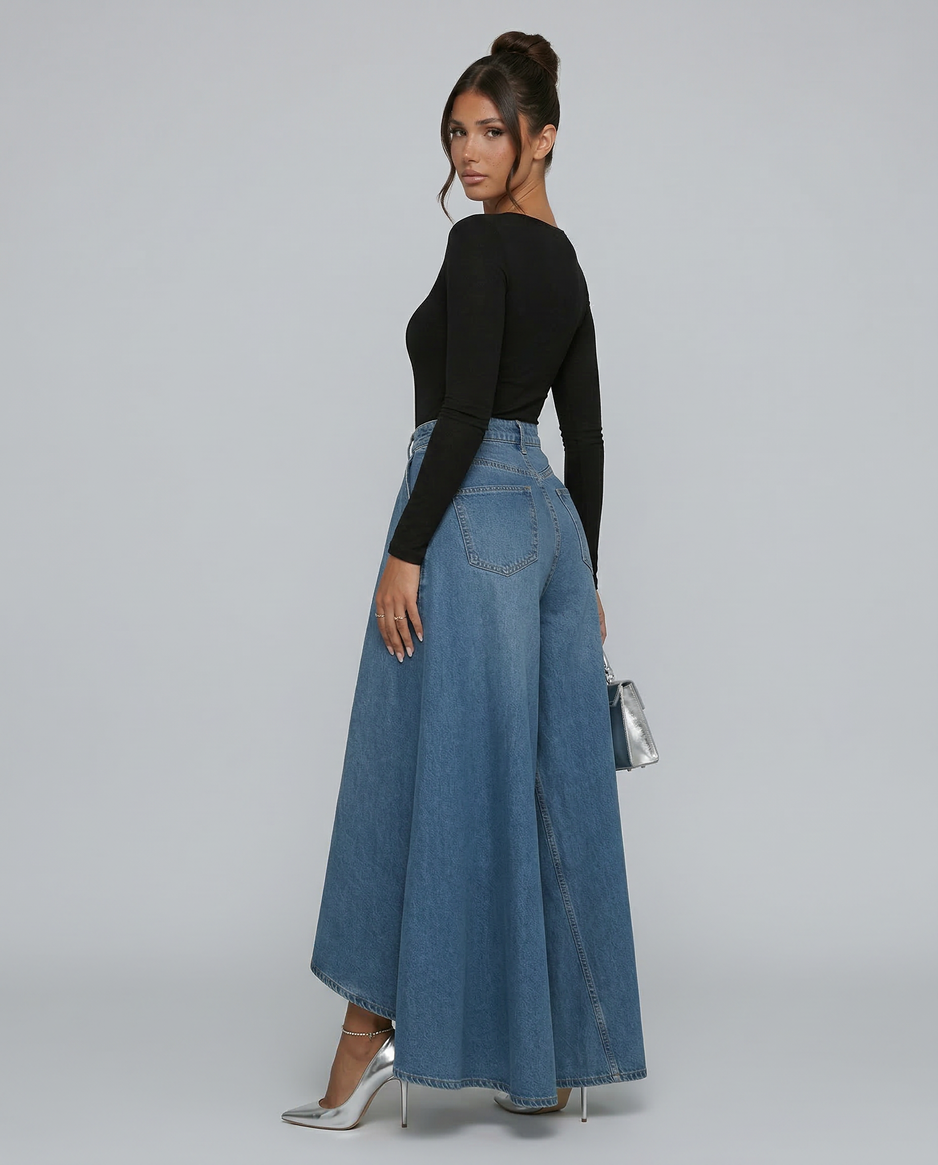 Denim High-Waisted Wide-Leg Jeans with Draped Detail