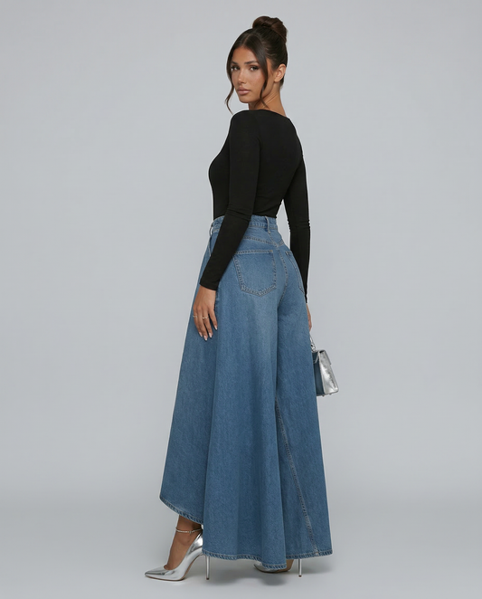 Denim High-Waisted Wide-Leg Jeans with Draped Detail