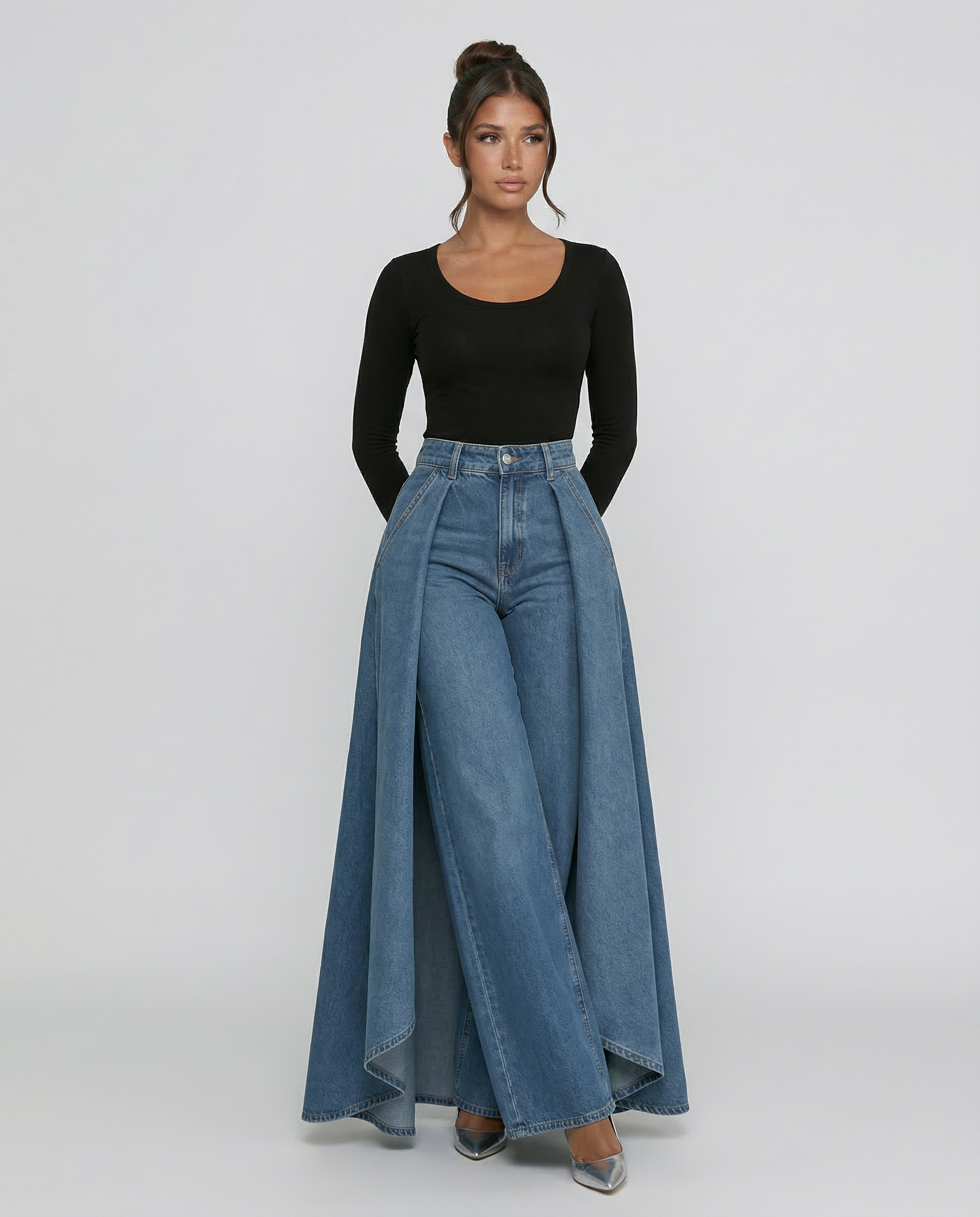 Denim High-Waisted Wide-Leg Jeans with Draped Detail