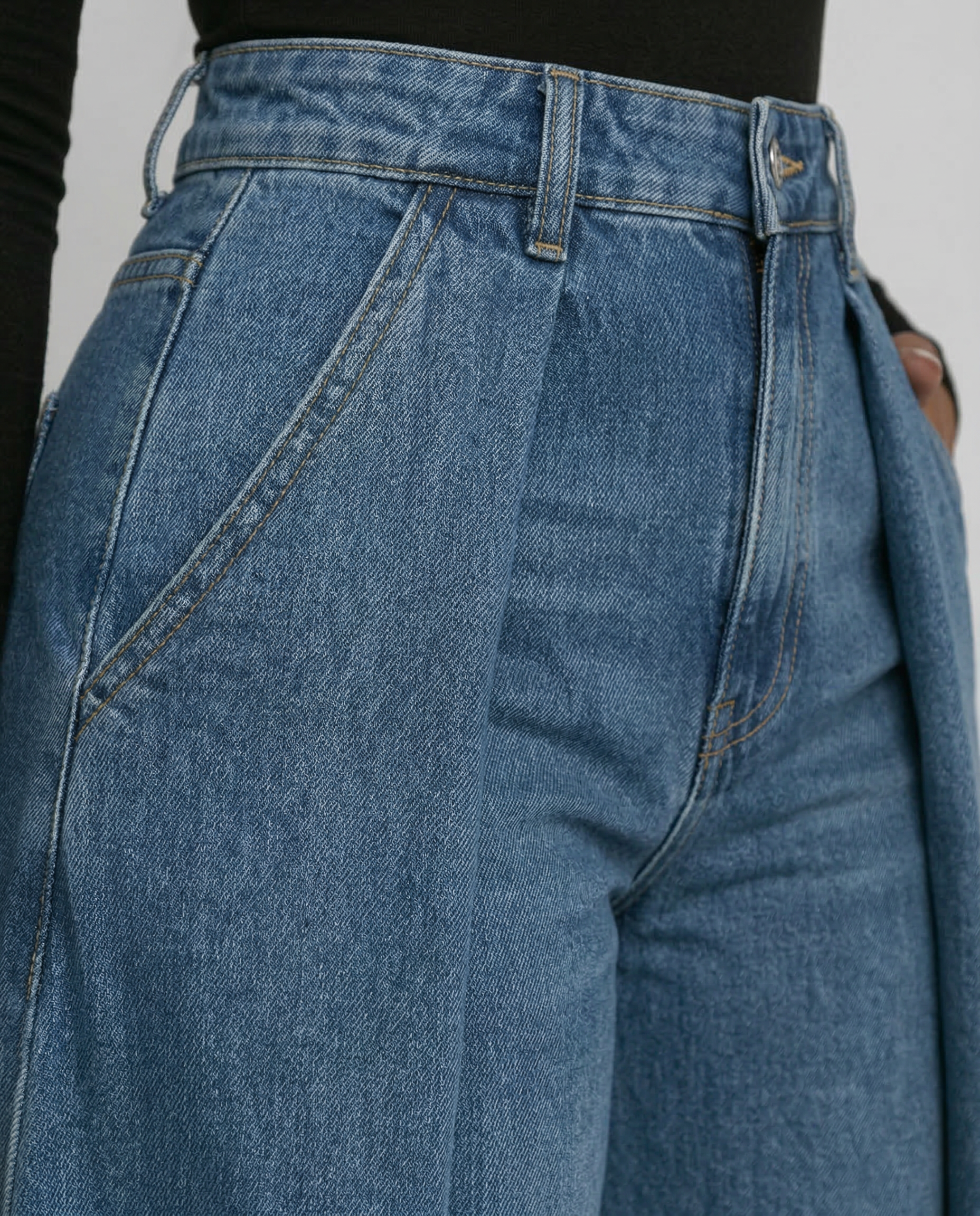 Denim High-Waisted Wide-Leg Jeans with Draped Detail