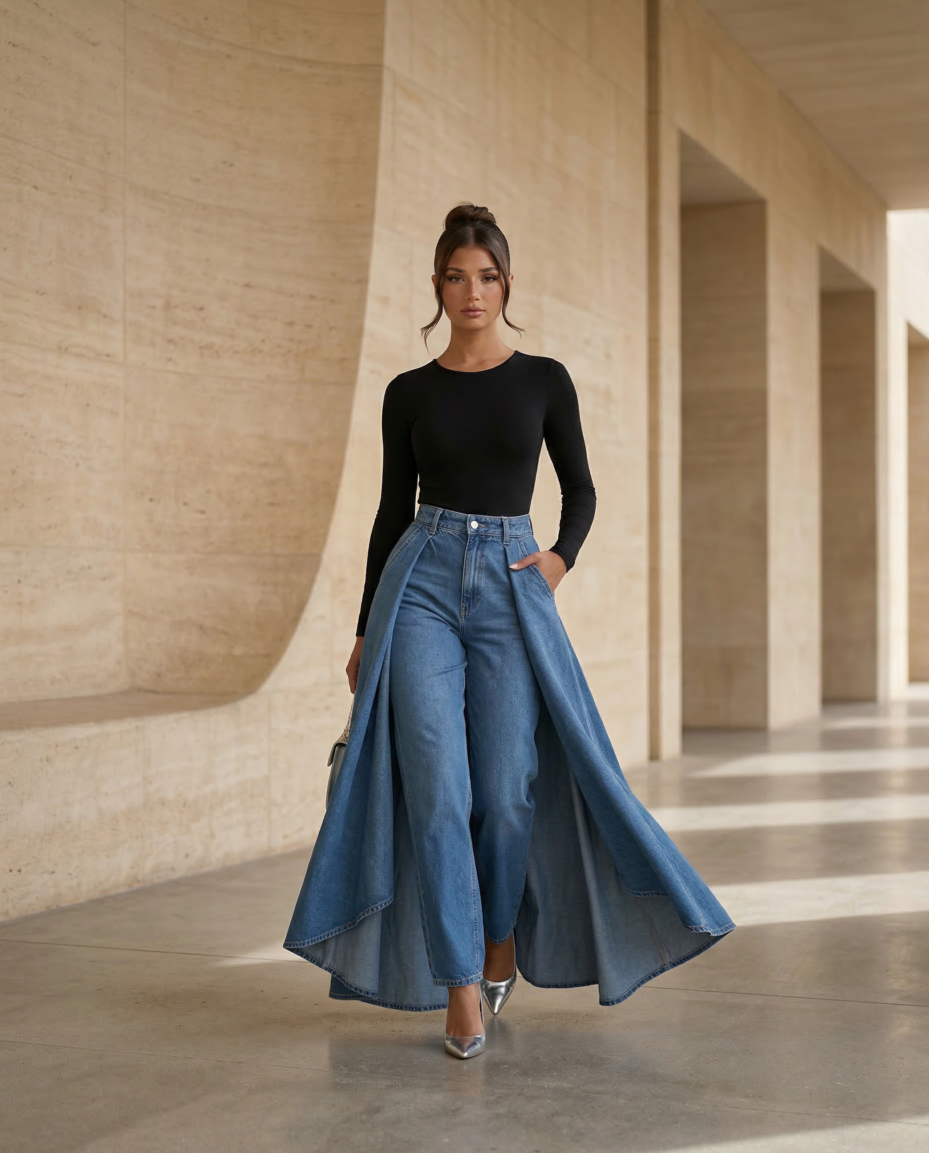 Denim High-Waisted Wide-Leg Jeans with Draped Detail
