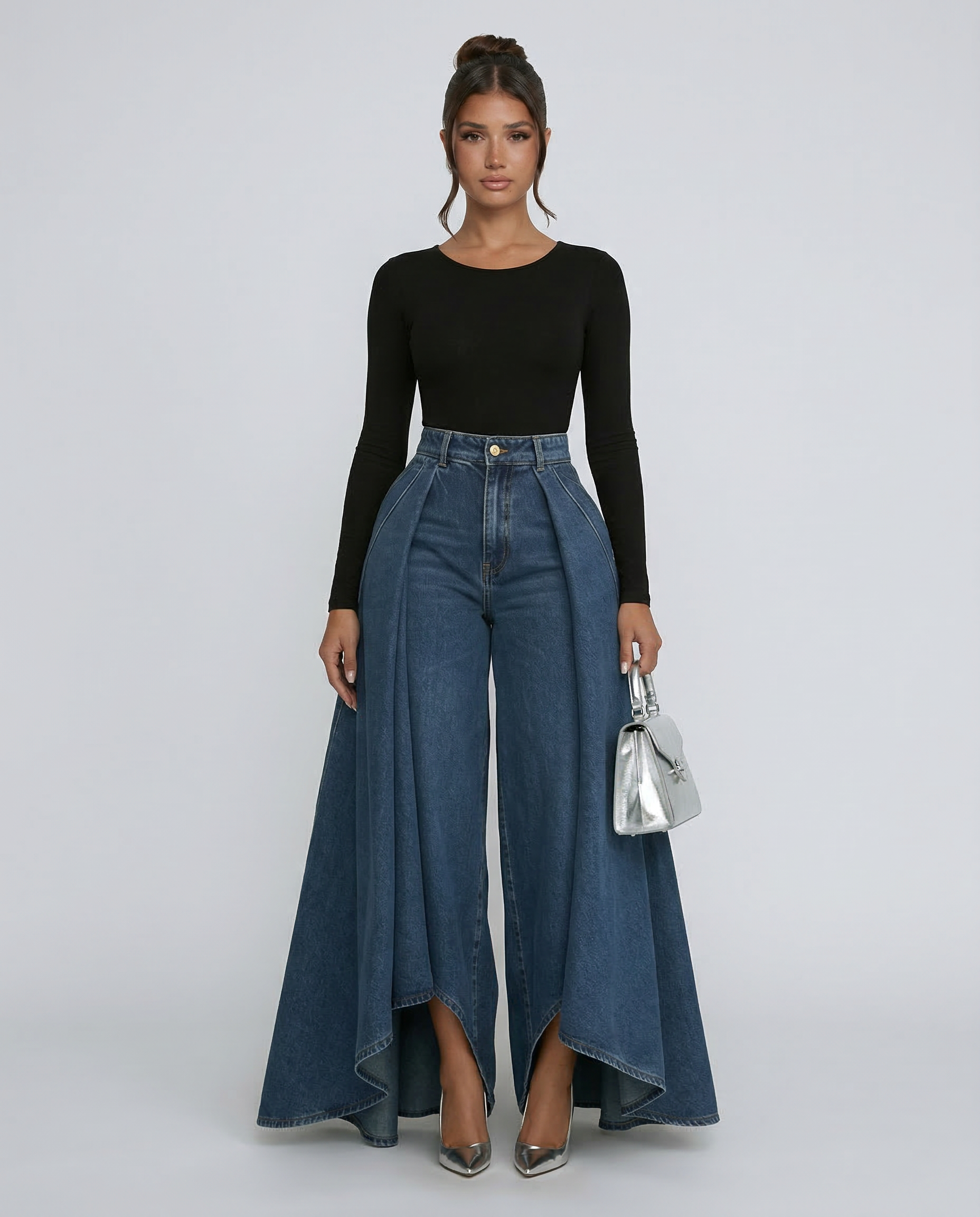 Denim High-Waisted Wide-Leg Jeans with Draped Detail