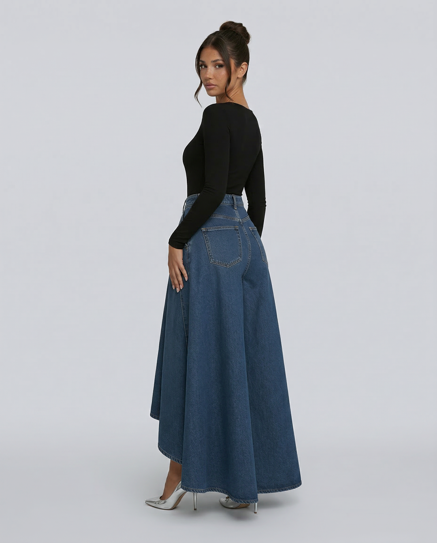 Denim High-Waisted Wide-Leg Jeans with Draped Detail