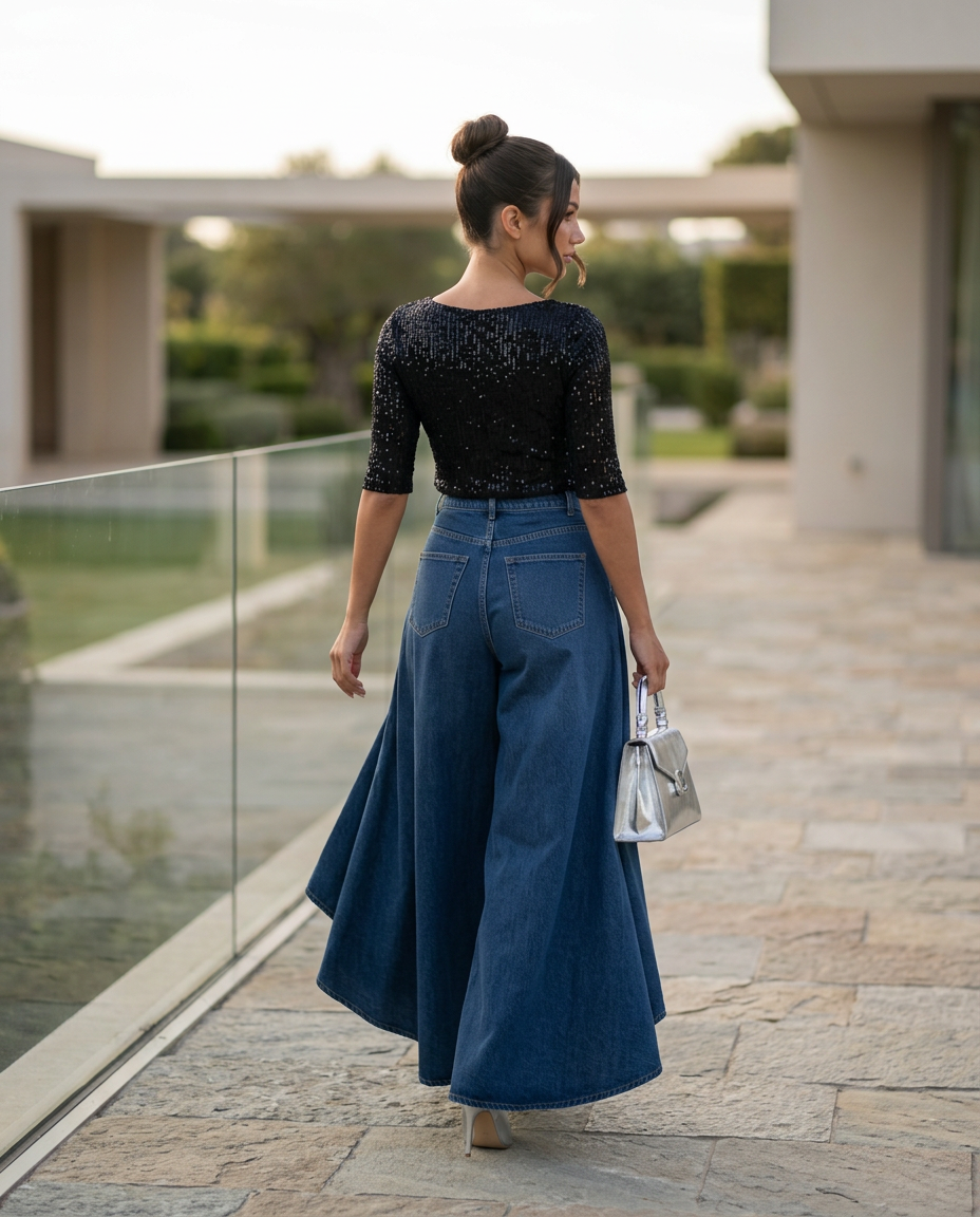 Denim High-Waisted Wide-Leg Jeans with Draped Detail