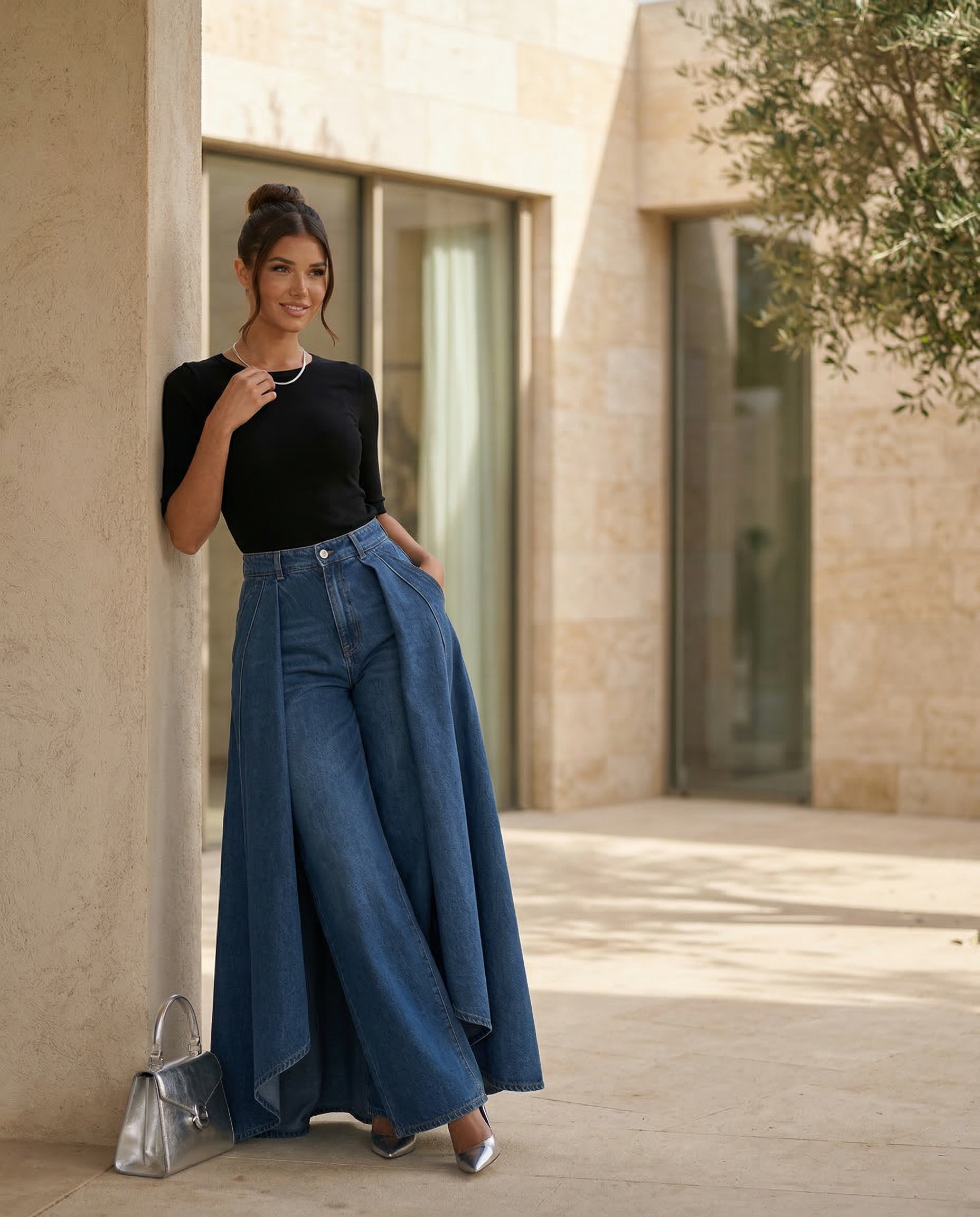 Denim High-Waisted Wide-Leg Jeans with Draped Detail