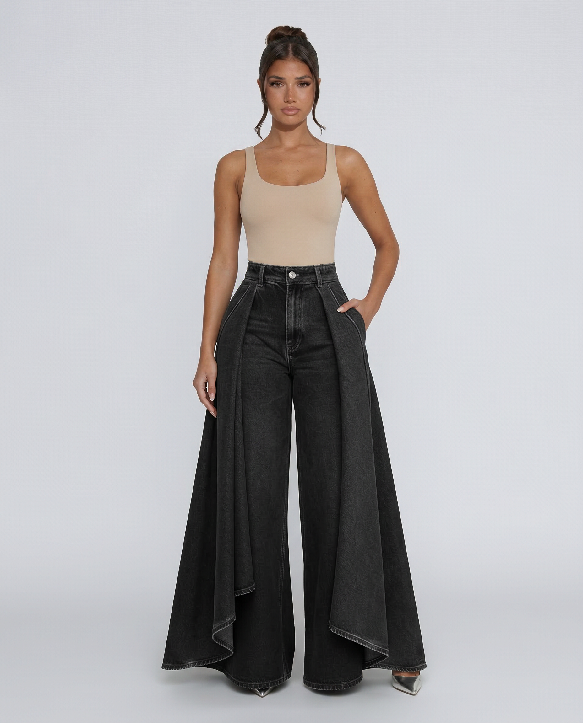 Denim High-Waisted Wide-Leg Jeans with Draped Detail