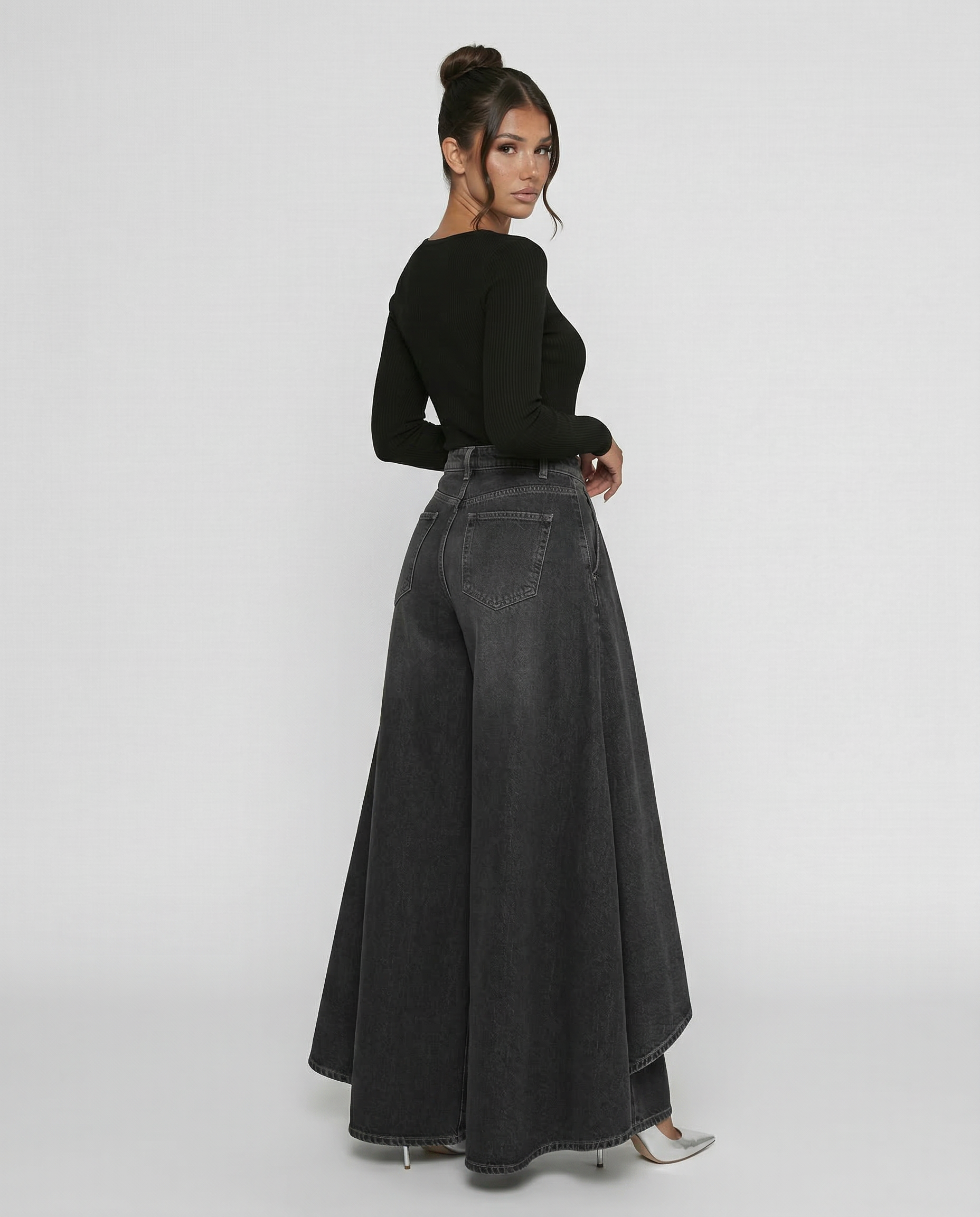 Denim High-Waisted Wide-Leg Jeans with Draped Detail