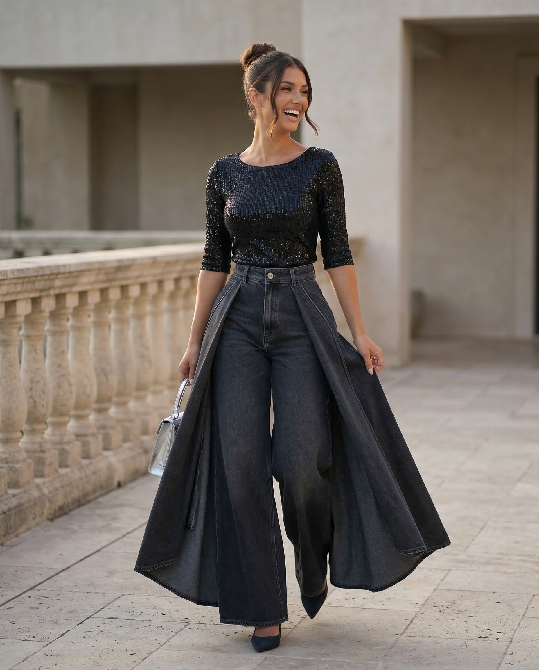 Denim High-Waisted Wide-Leg Jeans with Draped Detail