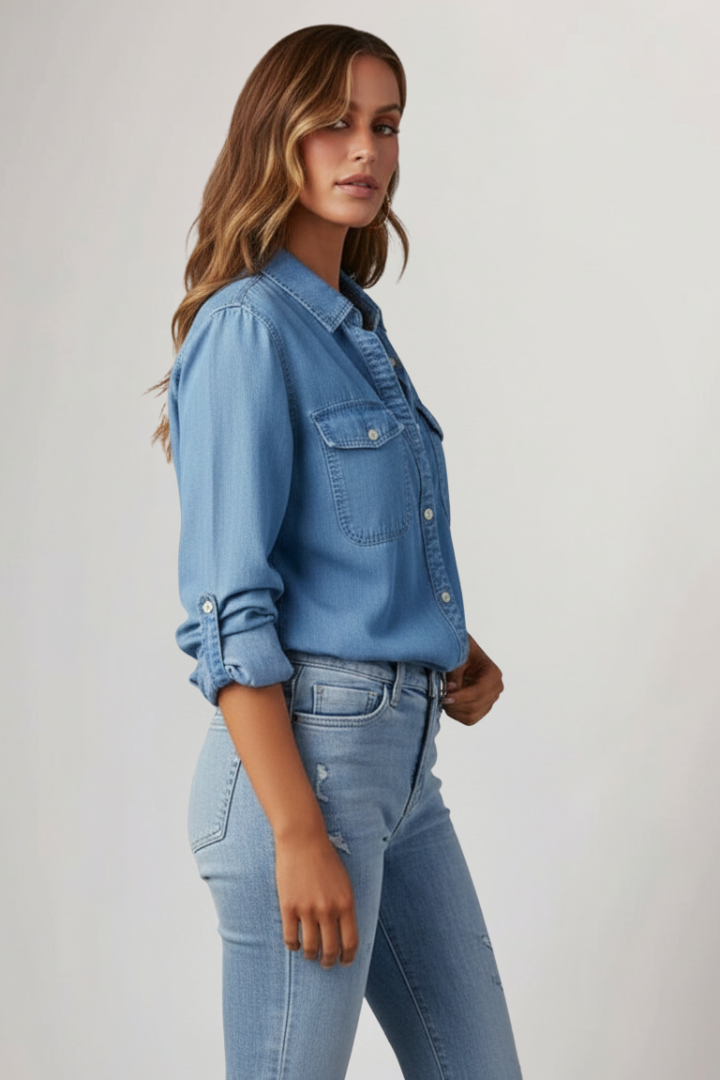 Denim Long Sleeve Shirt with Double Chest Pockets