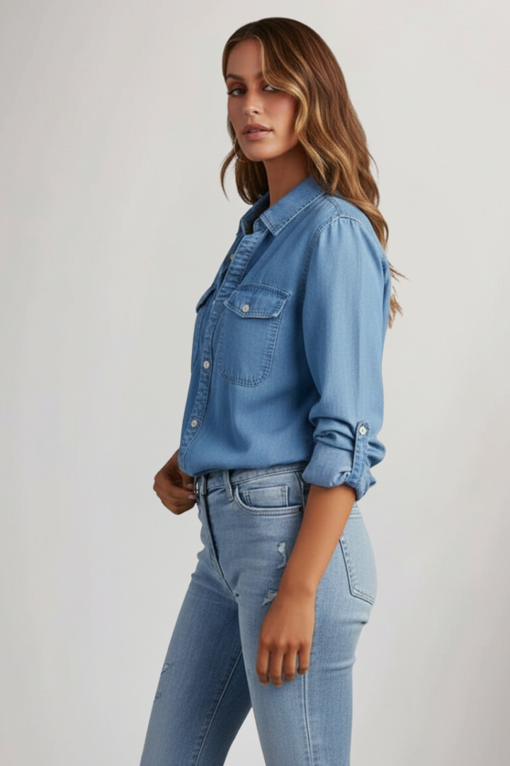 Denim Long Sleeve Shirt with Double Chest Pockets