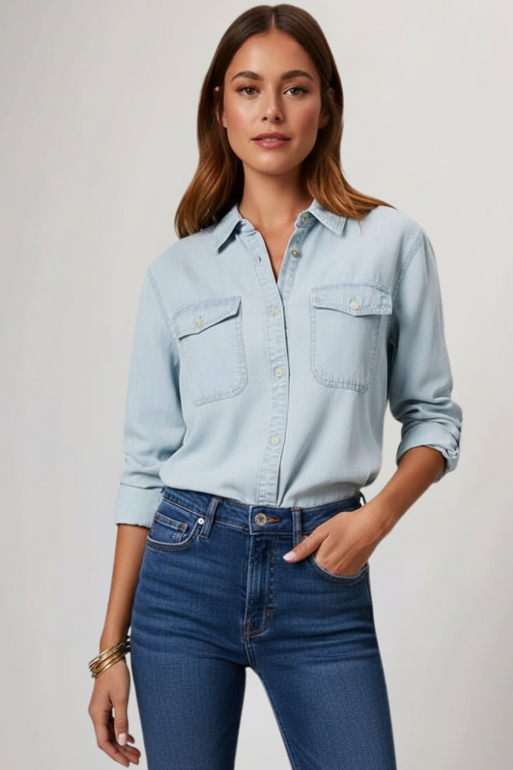 Denim Long Sleeve Shirt with Double Chest Pockets