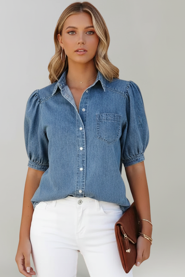 Denim Puff Sleeve Shirt With Chest Pocket