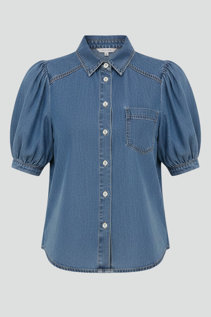 Denim Puff Sleeve Shirt With Chest Pocket