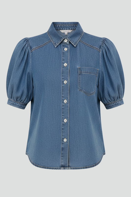 Denim Puff Sleeve Shirt With Chest Pocket