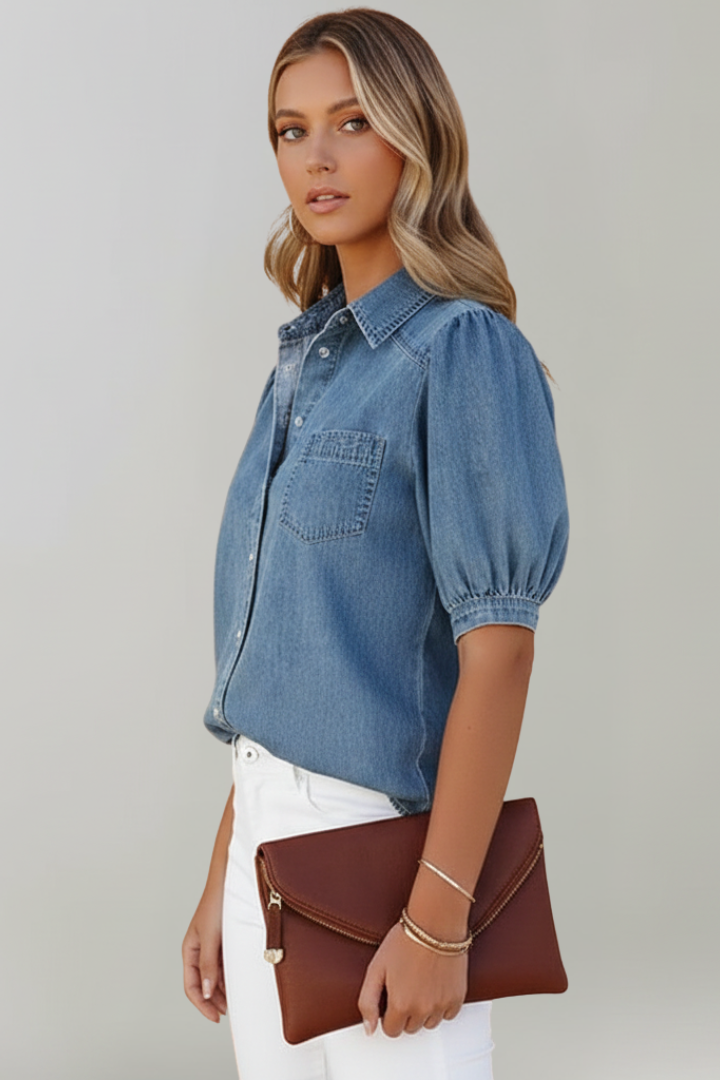 Denim Puff Sleeve Shirt With Chest Pocket