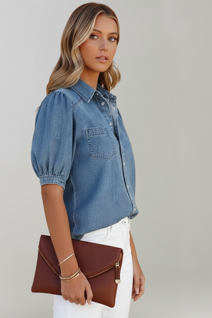 Denim Puff Sleeve Shirt With Chest Pocket