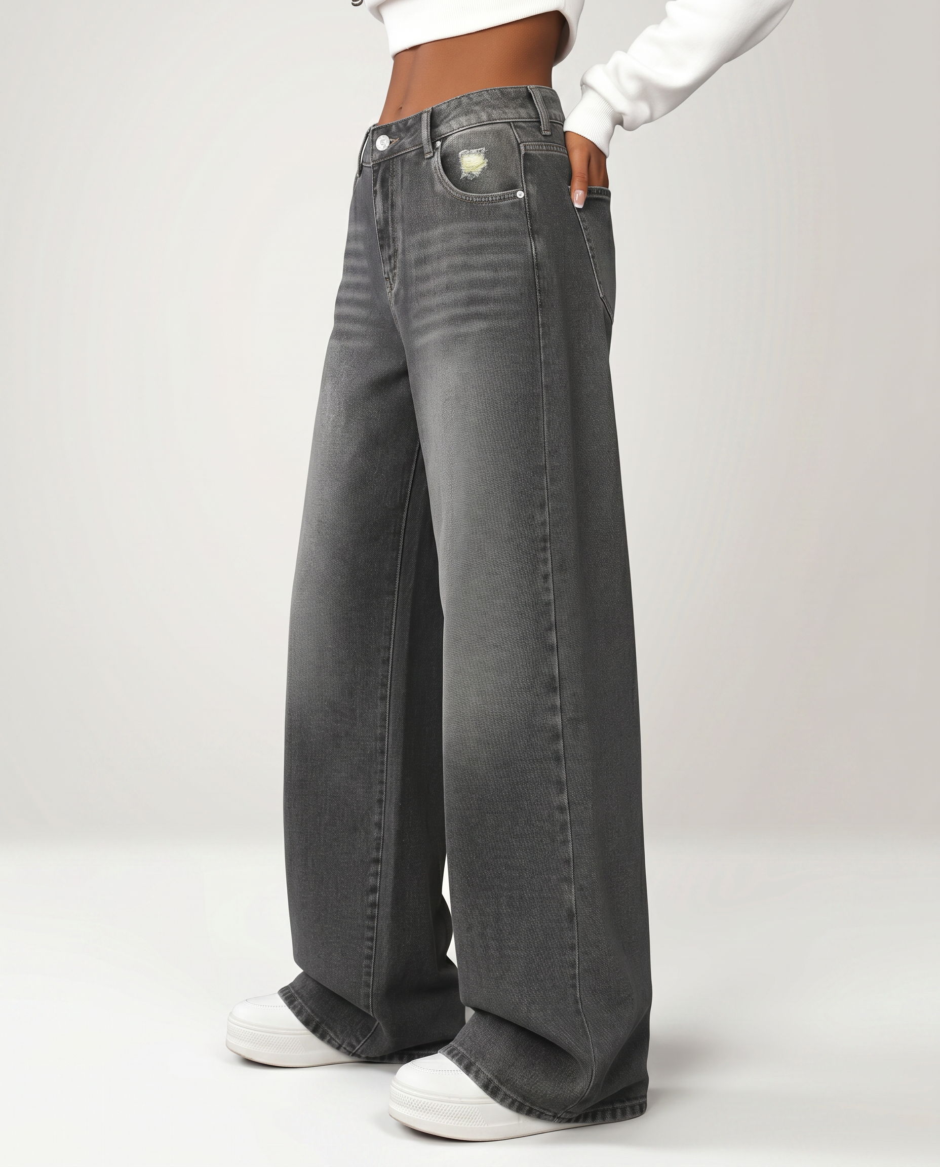 Denim Wide-Leg Jeans With Distressed Detail