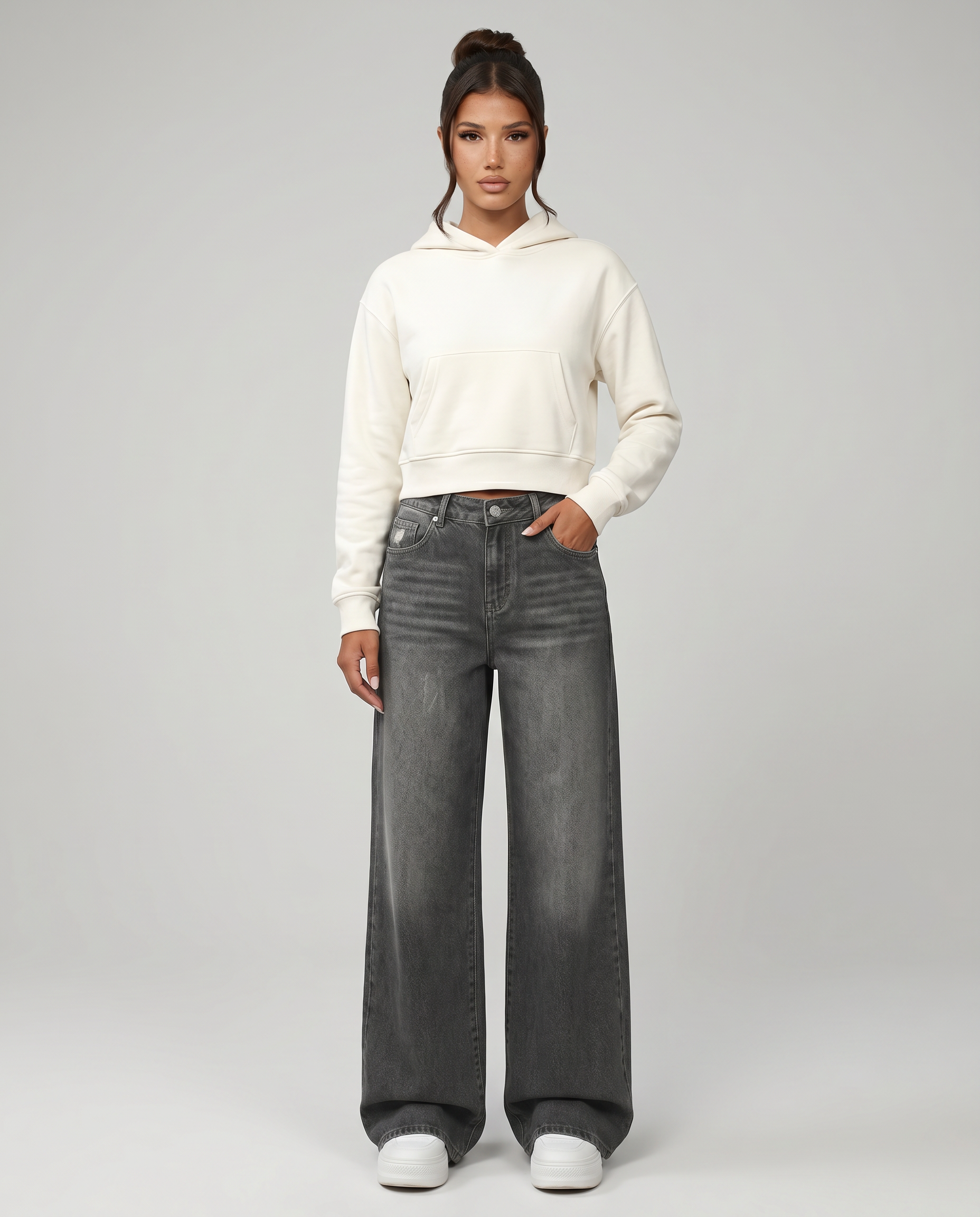 Denim Wide-Leg Jeans With Distressed Detail