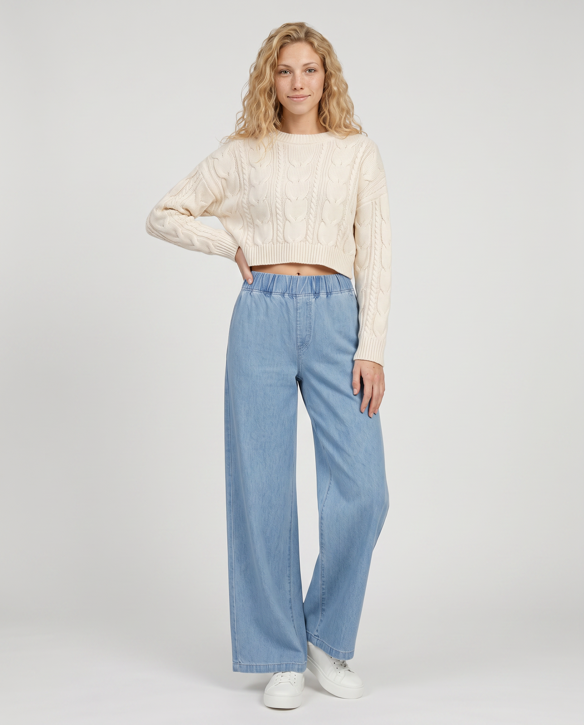 Denim Wide-Leg Jeans With Elastic Waist