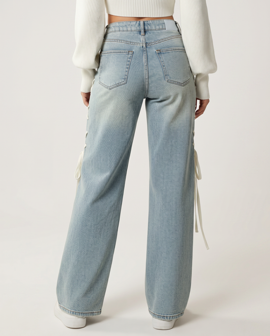 Denim Wide-Leg Jeans with Side Lacing