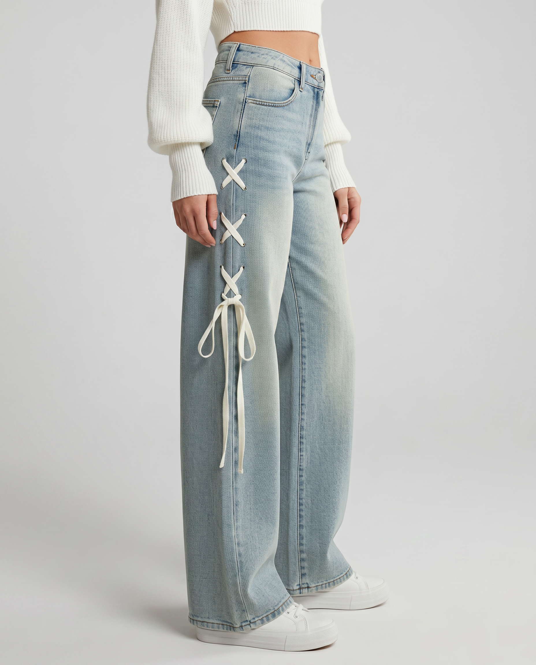 Denim Wide-Leg Jeans with Side Lacing