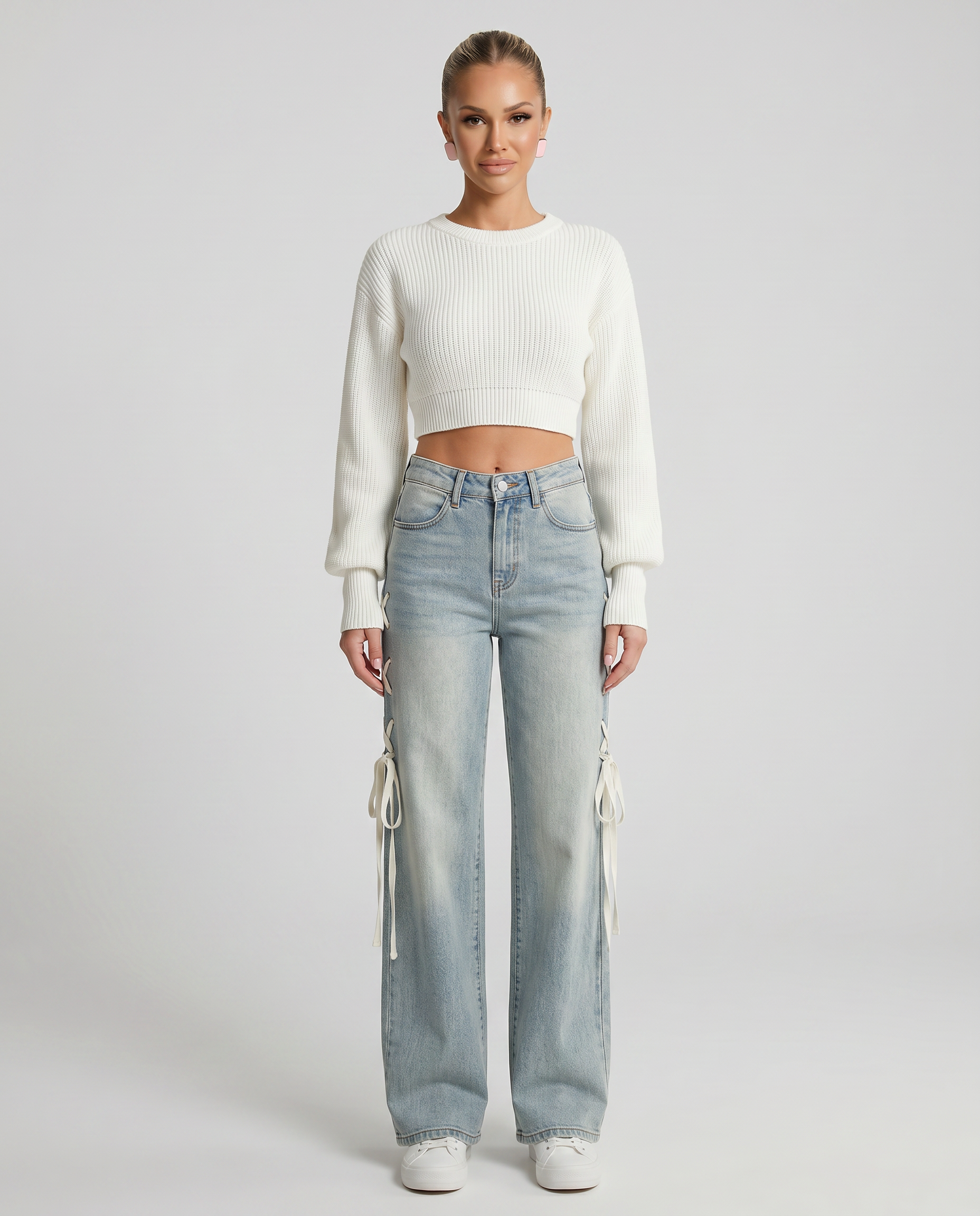 Denim Wide-Leg Jeans with Side Lacing