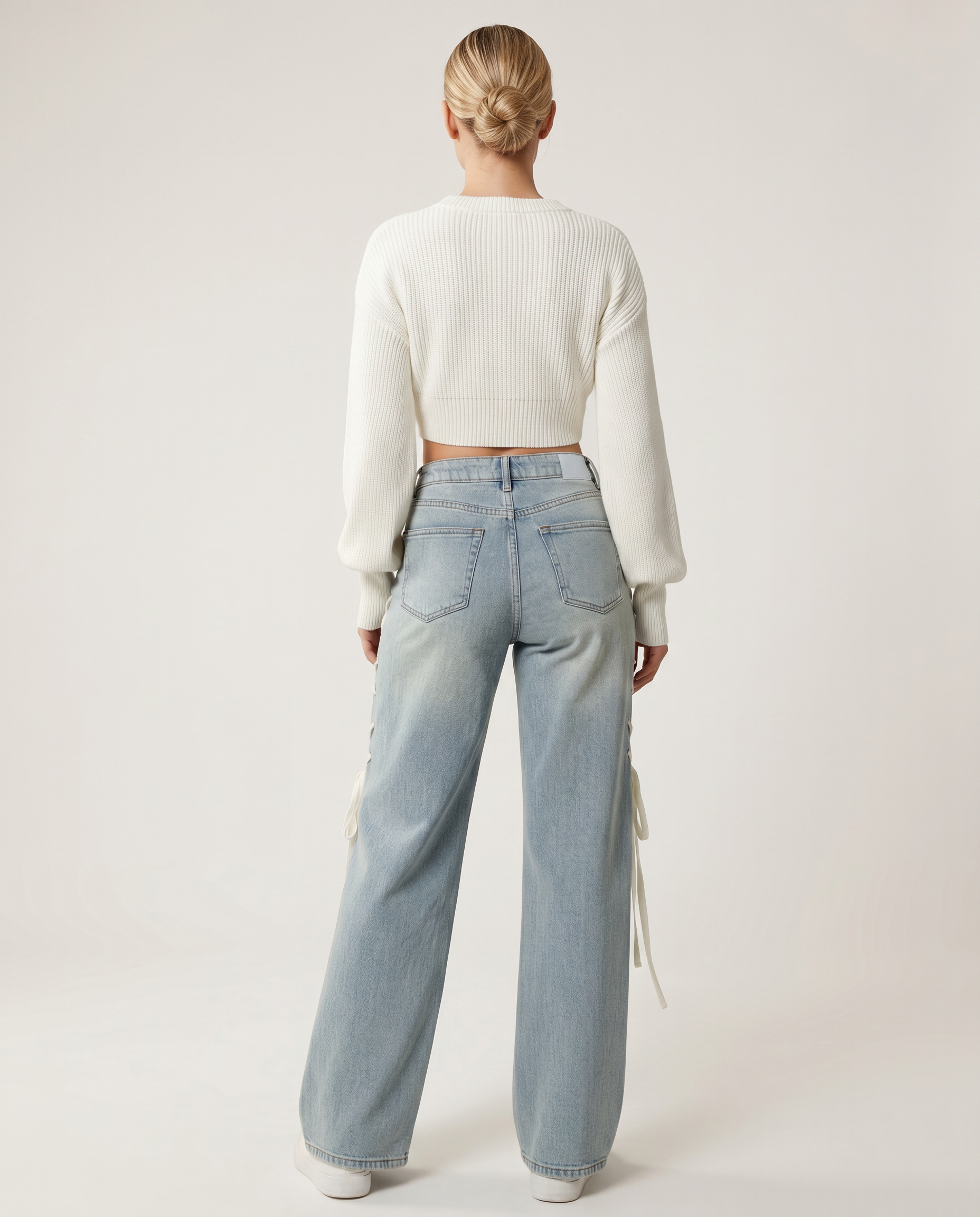 Denim Wide-Leg Jeans with Side Lacing