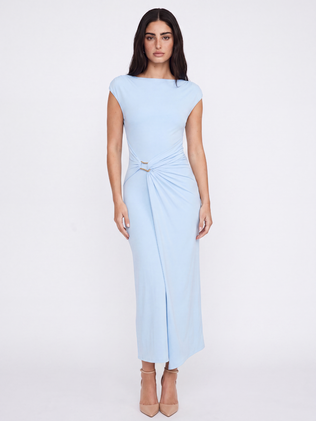 Draped Wrap Midi Dress With Gold Accent