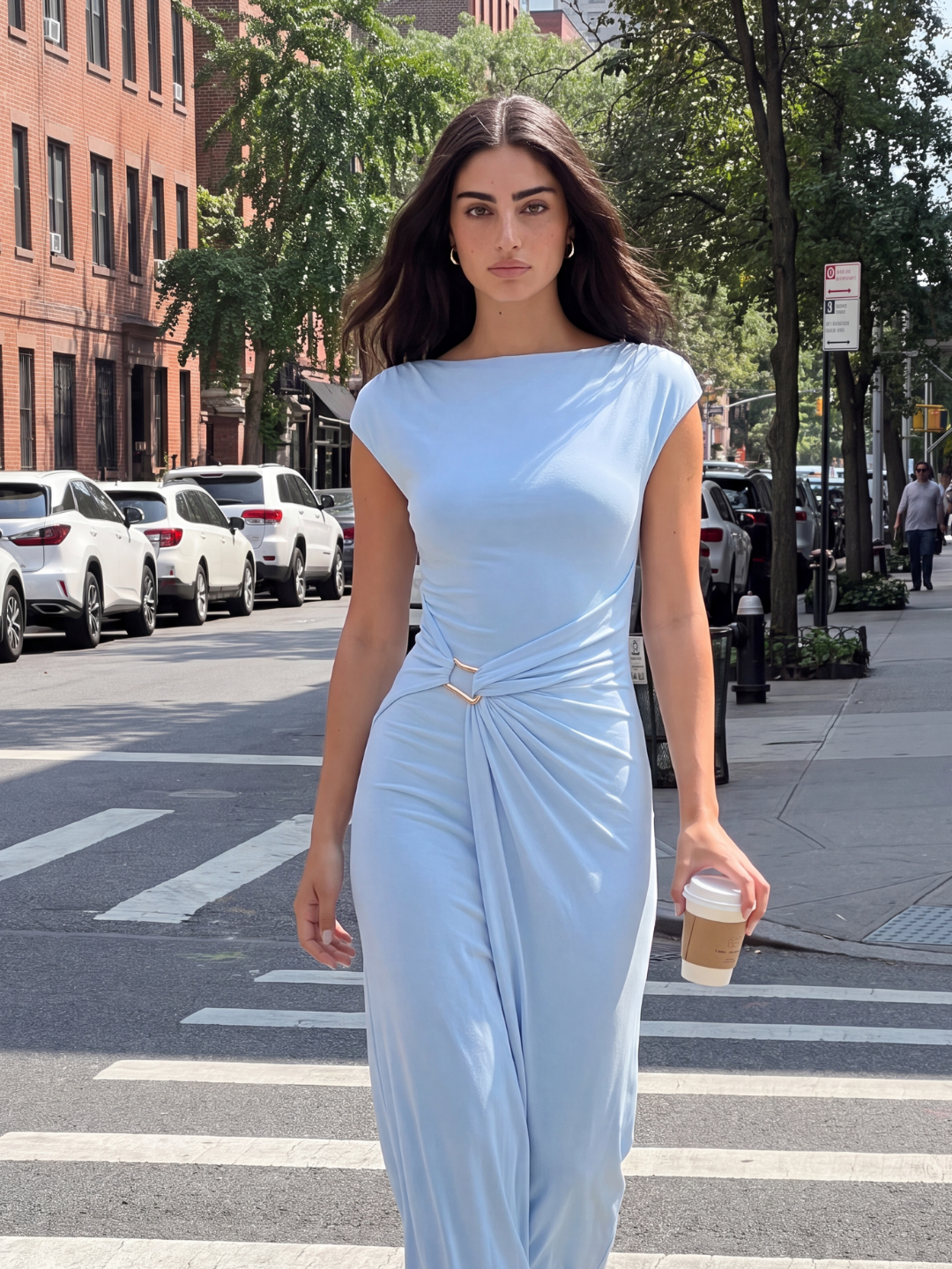 Draped Wrap Midi Dress With Gold Accent