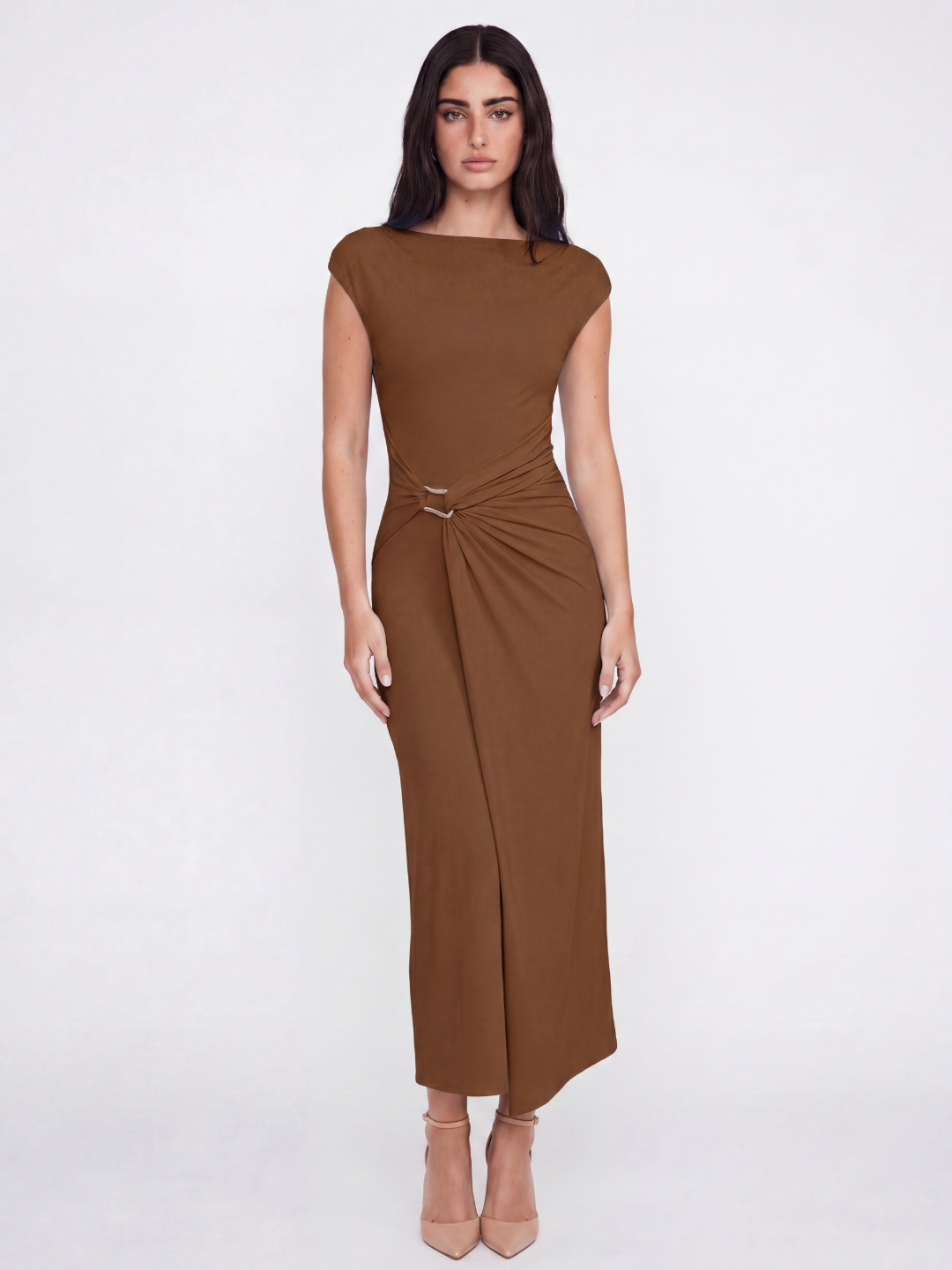 Draped Wrap Midi Dress With Gold Accent