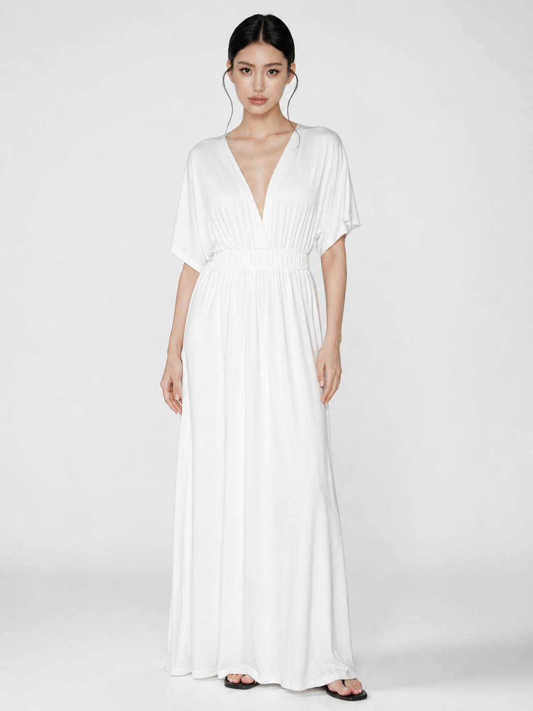 Elegant Plunge Kimono-Sleeve Maxi Dress