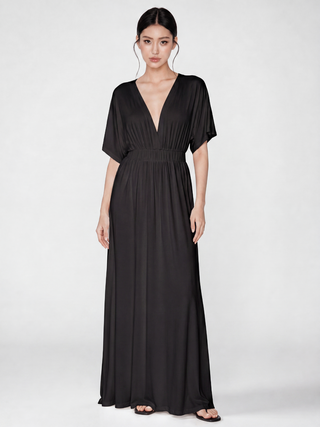 Elegant Plunge Kimono-Sleeve Maxi Dress