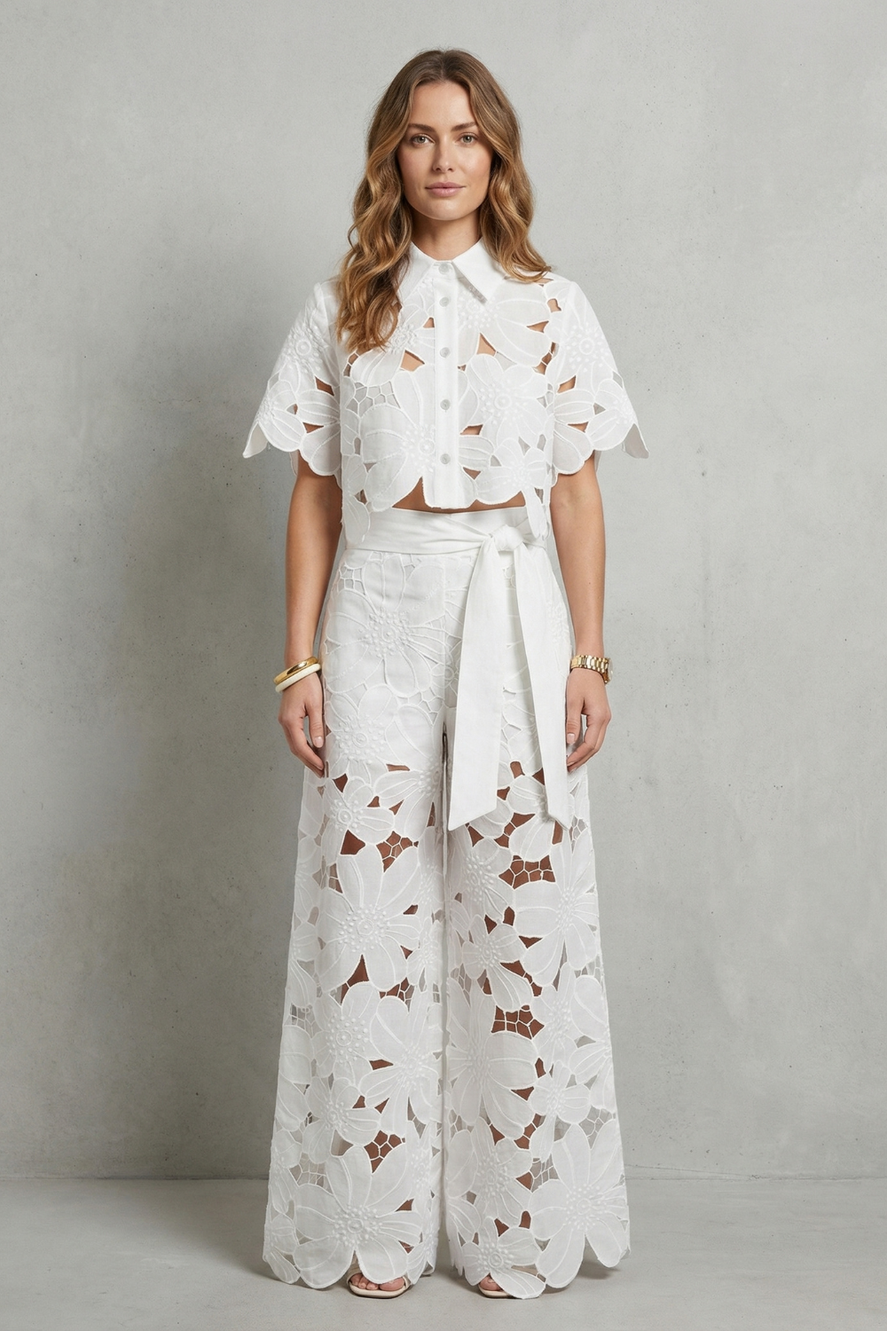 Elegant Top & Skirt Set With Embroidered Cutwork