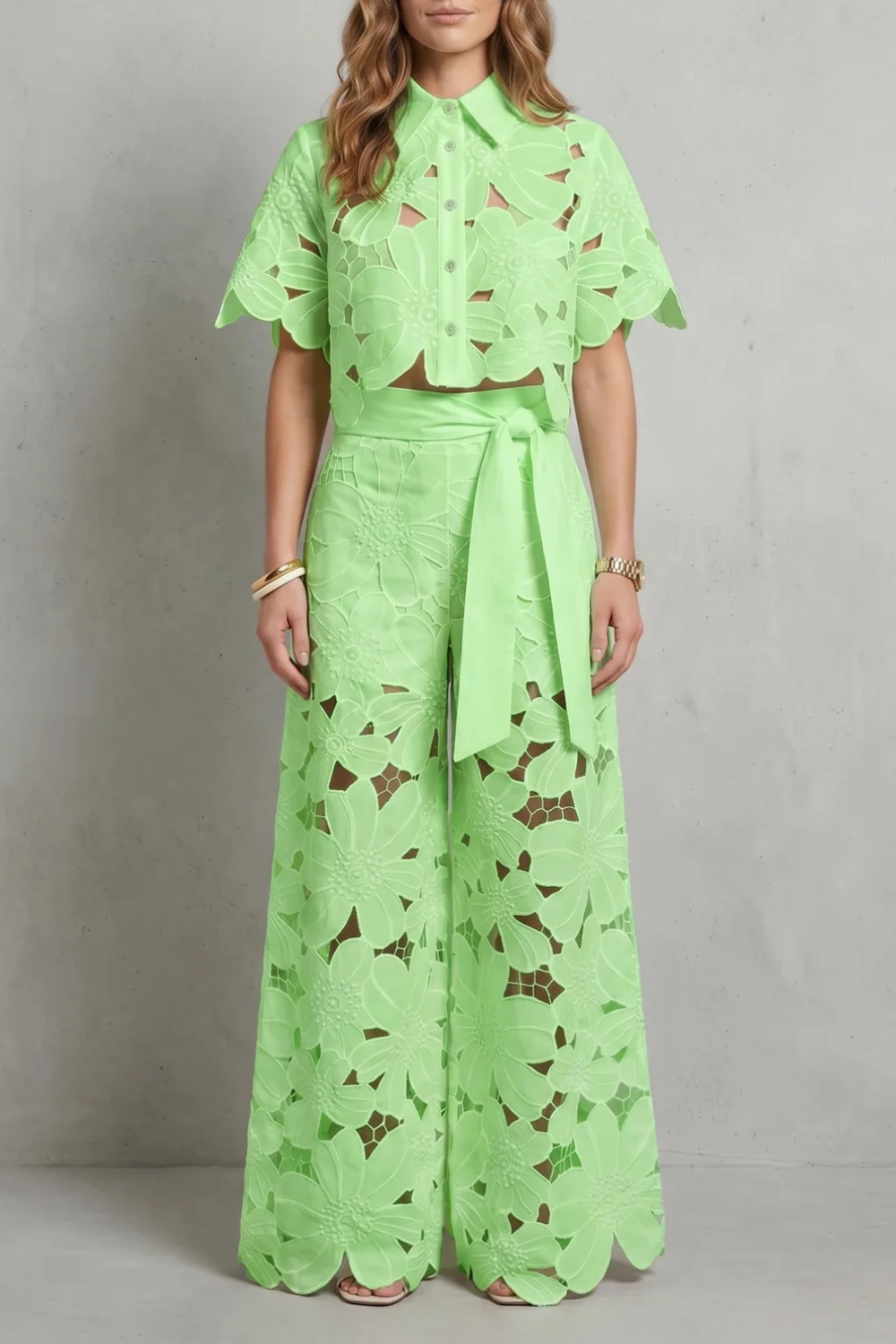 Elegant Top & Skirt Set With Embroidered Cutwork