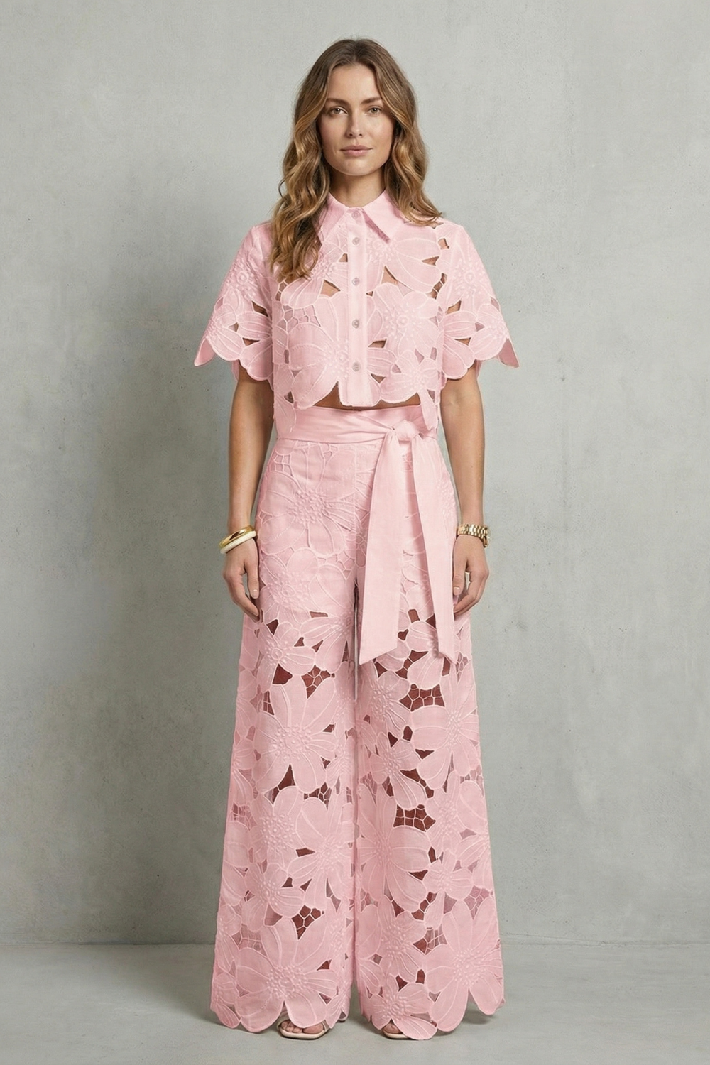 Elegant Top & Skirt Set With Embroidered Cutwork