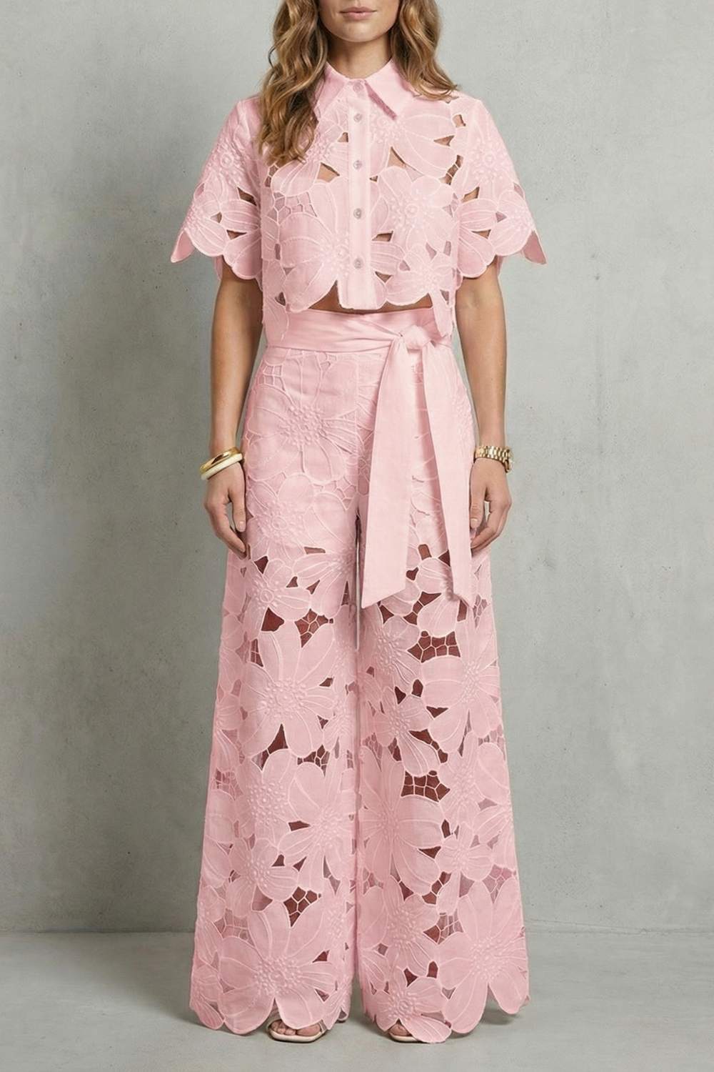 Elegant Top & Skirt Set With Embroidered Cutwork
